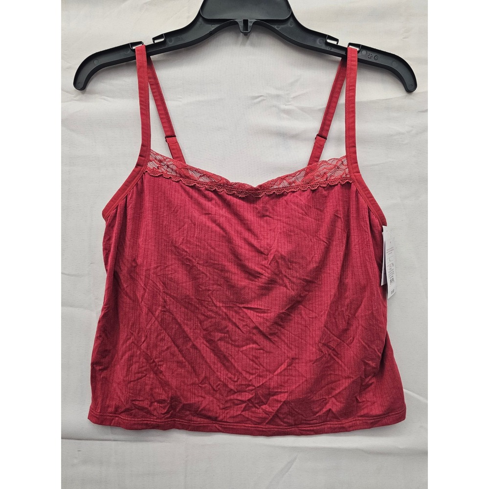 Auden Women‎ Red Ribbed Lace Trim Cami Top Adjustable Straps Size L 023102653